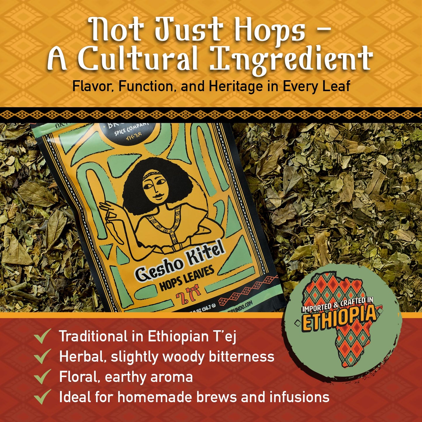 Brundo Ethiopian Spice Company Gesho Kitel Authentic Brewing Hops Leaves Hand Picked and Processed Harvested in and Imported from Ethiopia All Natural No Preservatives 2oz