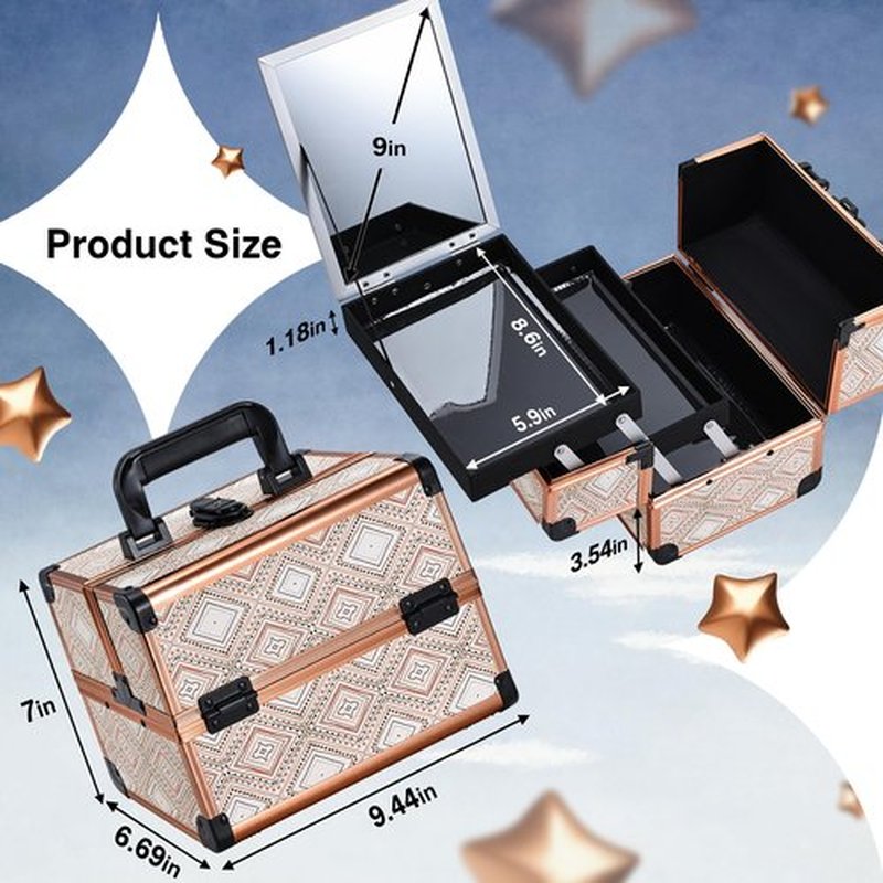 Joligrace Bohemian Makeup Train Case Portable Travel Cosmetic Box with Mirror 2 Trays Makeup Organizer Case for Cosmetics Supplies Nail Tech Toiletry Kits Traveling Makeup Storage