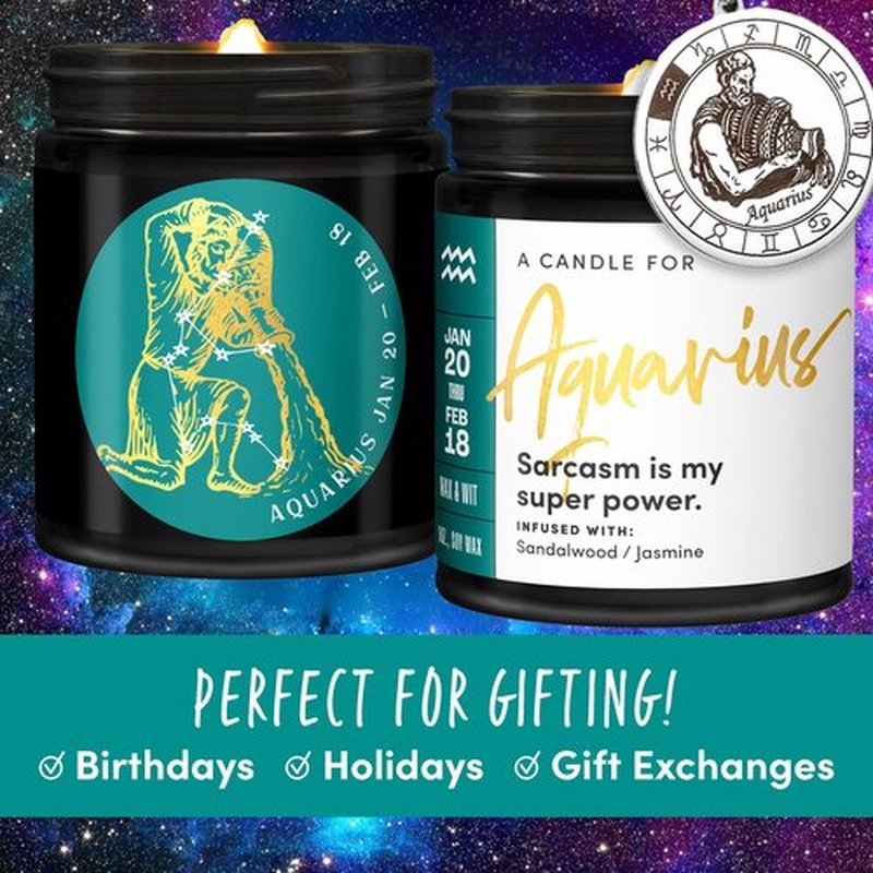 Wax & Wit Aquarius Birthday Candle Set - Zodiac Aquarius Gift, 2-Pack Soy Candles with Keychain, Perfect for January & February Birthdays - 9oz Each