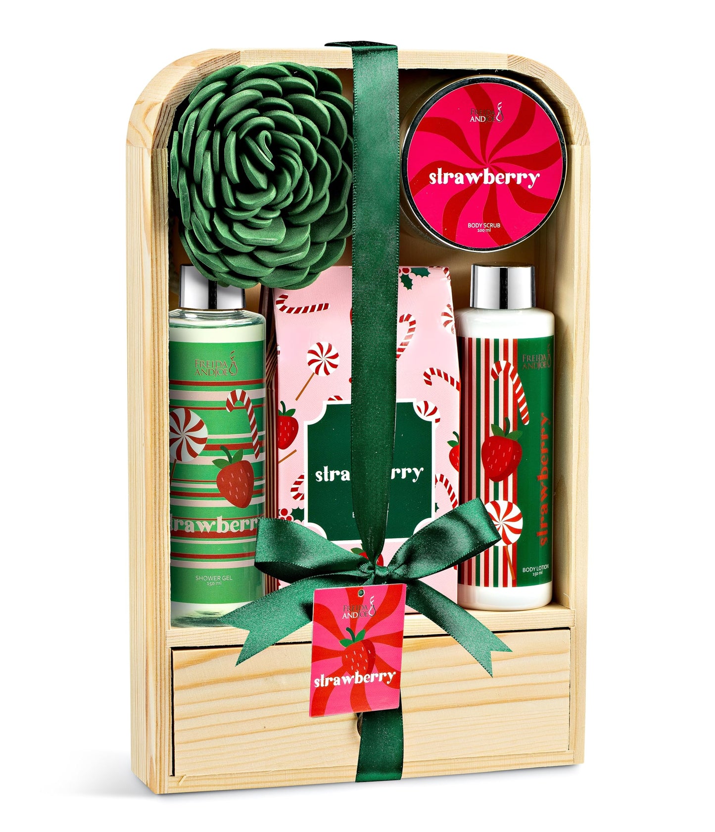 Elegant Modern Bath and Body Gift Set Home Spa Set with Shower Gel, Body Lotion, Bath Salt, Body Scrub & Pouf in Wooden Curio (Delicate Strawberry) – Mother's Day Gift for Mom