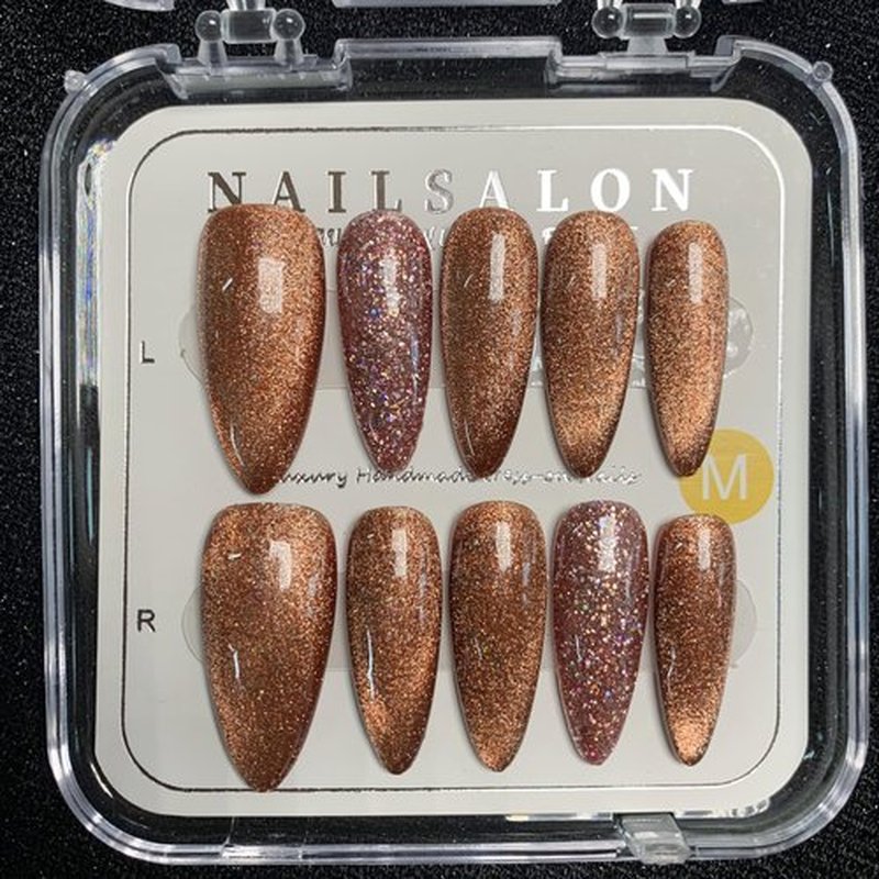 CAMILCY Handmade Nails Press on Almond Nail Pointed Green Gold Crystal Glitter Design Hand painted Reusable Gel UV Finished Pre shaped False Nails for Women 10pcs 3D Handmade Nails (A031, L)