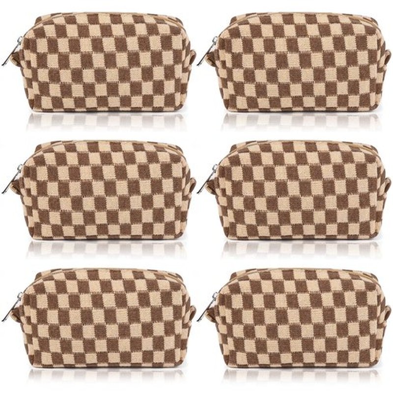 SOIDRAM Checkered Makeup Bag Preppy Cosmetic Bag Bulk Brown Makeup Pouch Personalize Travel Toiletry Bag Organizer Cute DIY Makeup Brushes Storage Bag for Women