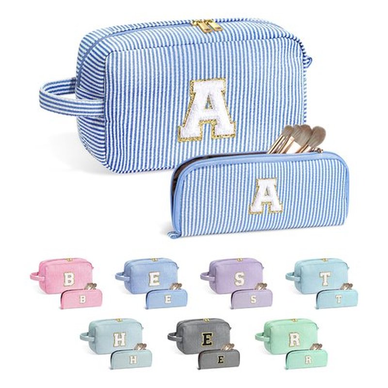 YOOLIFE Gifts for Women - Personalized Birthday Gifts Idea for Women Her Mom Best Friend Bridesmaid Girlfriend Teacher, Monogram Initial Blue Cute Makeup Bag Cosmetic Toiletry Pouch Bag Make Up Case A