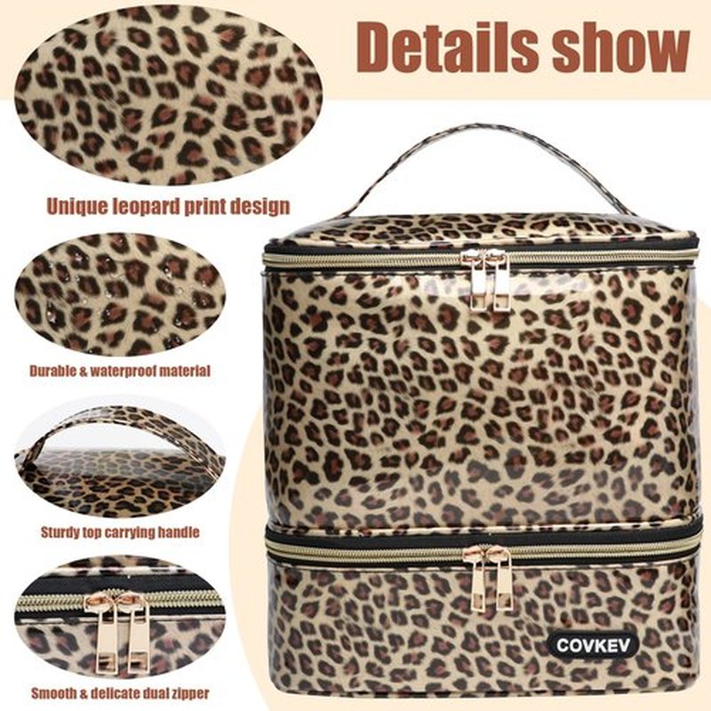 Covkev PU Leather Nail Polish Organizer Bag Holds 30 Bottles (15ml - 0.5 fl.oz) & Nail Lamp, Portable Nail Kit Storage Carrying Case, Double Layer Nail Supplies Organizer Handbag (Leopard)