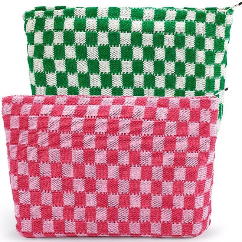 ZLFSRQ 2Pcs Checkered Makeup Bag for Women Large Capacity Cosmetic Bag Set Travel Makeup Pouch for Purse Zipper Toiletry Organizer Cute Y2K Aesthetic Trendy Makeup Brushes Storage Bag(Pink/Green)