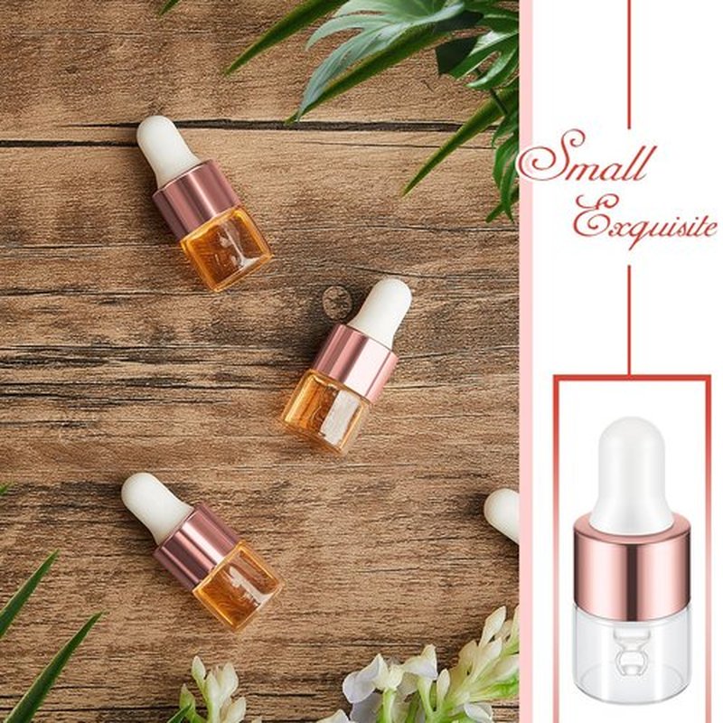 Didaey 100 Pcs Mini Glass Dropper Bottle Bulk, 1 ml Rose Gold Clear Essential Oil Dropper Bottles Small Tincture Empty Bottles Sample Containers Perfume Liquid Vials with Cap for Traveling