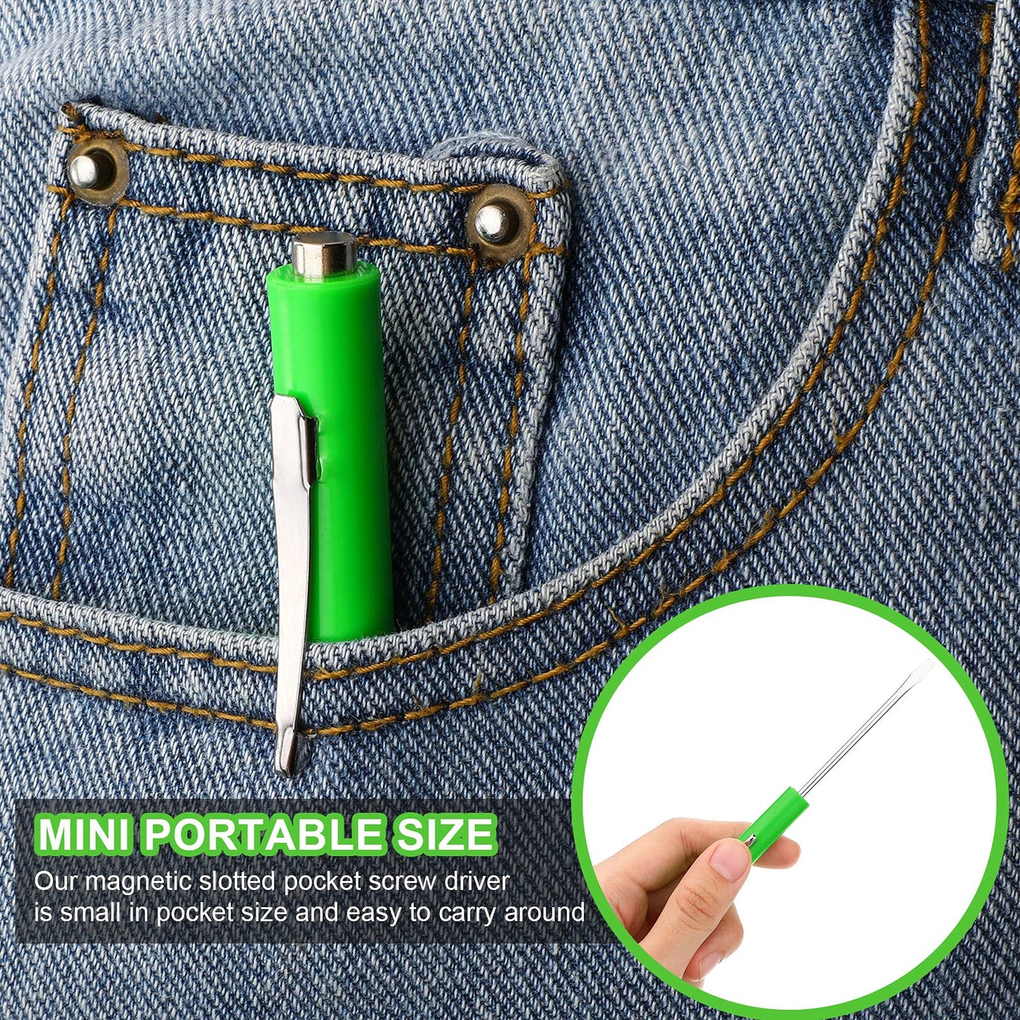 Honoson 10 Pieces Pocket Screwdriver Mini Tops and Pocket Clips Magnetic Slotted Small Screw Driver with a Single Blade Head for Mechanical, Electrician(Green)