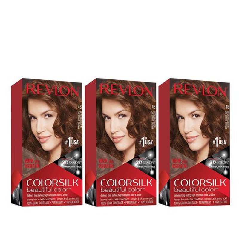 Revlon Permanent Hair Color, Permanent Hair Dye, Colorsilk with 100% Gray Coverage, Ammonia-Free, Keratin and Amino Acids, 46 Medium Golden Chestnut Brown, 4.4 Oz (Pack of 3)