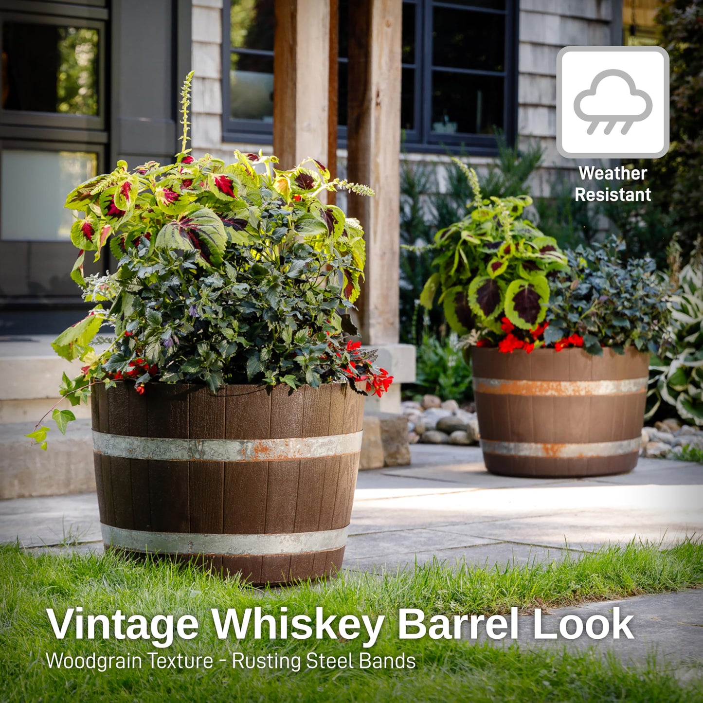 RTS Home Accents Better Barrel 2-Pack, 18-Inch Outdoor Planter, Walnut – Rustic Whiskey Barrel Style Heavy-Duty Resin Pot with Rusting Steel Bands for Patio, Porch & Garden