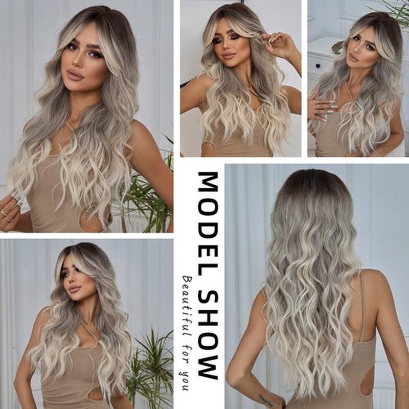 OMELPIS Long Ombre Brown Ash Blonde Wavy Wig with Bangs for Women Natural Butterfly Haircut Gray Ash Platinum Dark Roots Layered Wavy Synthetic Wigs Curtain Bangs Curly Hair Daily Party Dating 26In