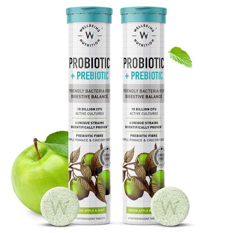 WELLBEING NUTRITION Daily Probiotic + Prebiotic| Plant Based |18 Billion CFU, 6 Strains for Men & Women with Organic Prebiotic Fiber for Digestion, Gut Health, Metabolism | 42 Effervescent Tabs