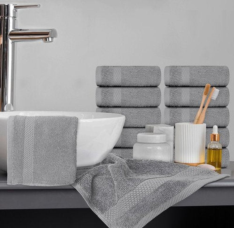 White Classic Light Grey Luxury Cotton Washcloths 12 Pc Set - Large 13x13 Inches Hotel Style Face Towel, High Absorbent Quick Dry Wash Cloths for Home, Spa, Gym, Light Grey, 12 Pack