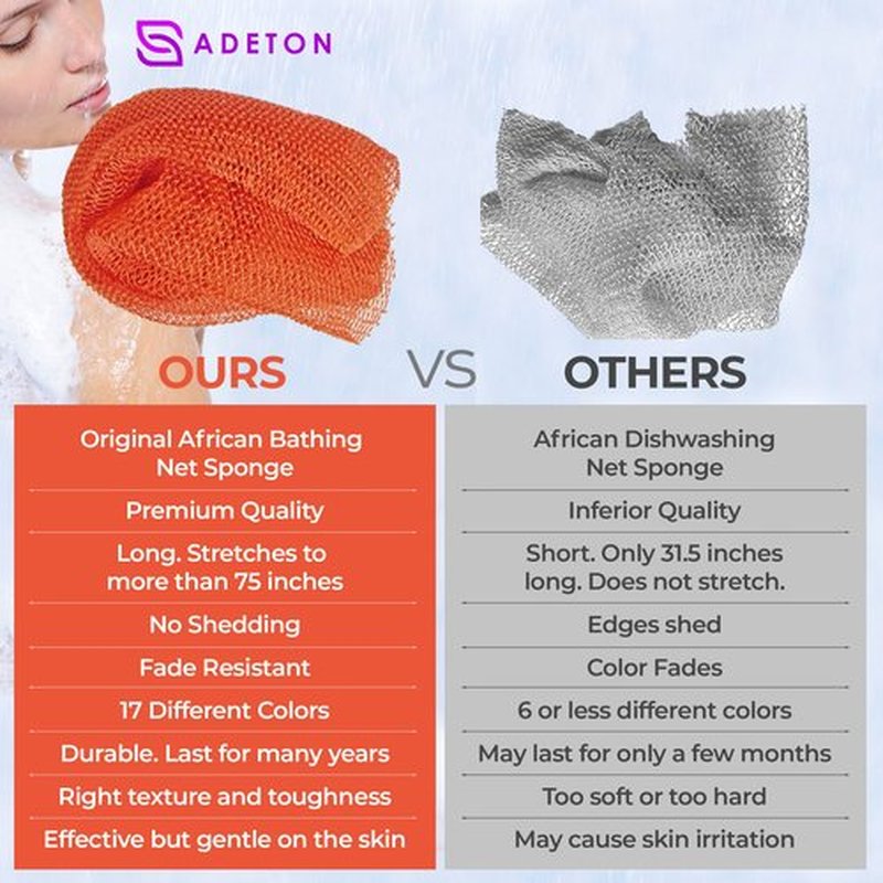 Adeton African Net Sponge, Exfoliating Body Scrubber, Body Exfoliator, Long Net Sponge, 17 Colors, Sapo, Shower Bath Accessories, Back Foot Scalp Scrub, Flat Dead Skin Remover Body Wash (Peach)