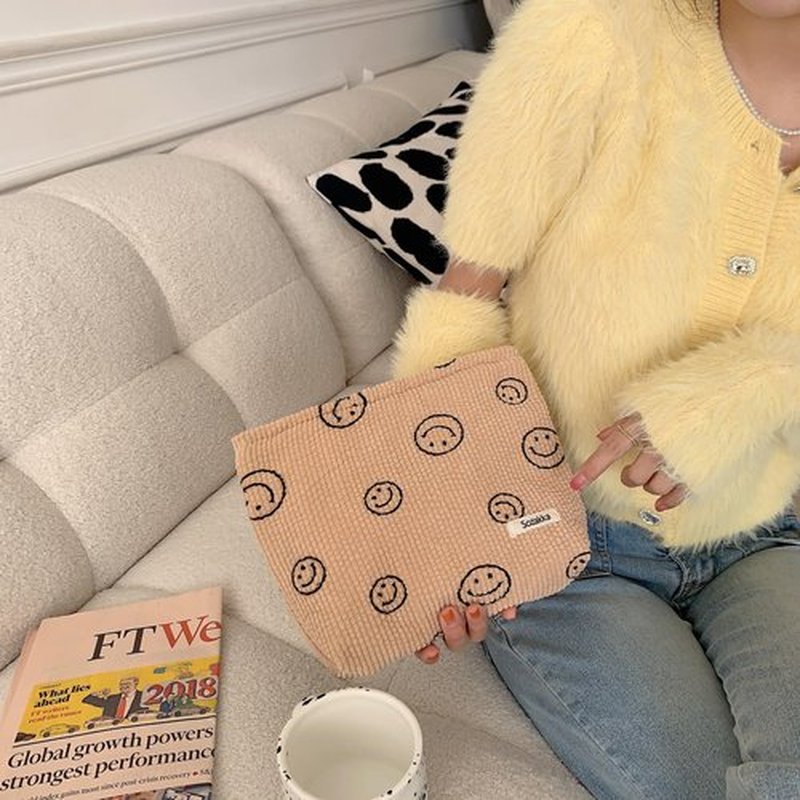 Cosmetic Bags for Women - Corduroy Cosmetic Bag Aesthetic Women Handbags Purses Smile Dots Makeup Organizer Storage Makeup Bag Girls Case Bags (Khaki)