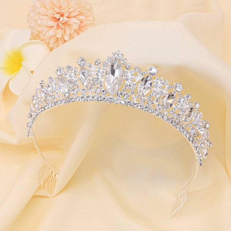 Oriamour Glamorous Crystal-Studded Wedding Crown with Leafy Accents and Combs (Silver, Normal)