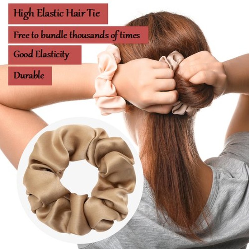 MurierSilk 100% Pure Mulberry Silk Hair Scrunchies and Ponytail Holders - Elastic Hair Ties for Women and Girls, Prevent Frizz and Breakage (Light Brown)