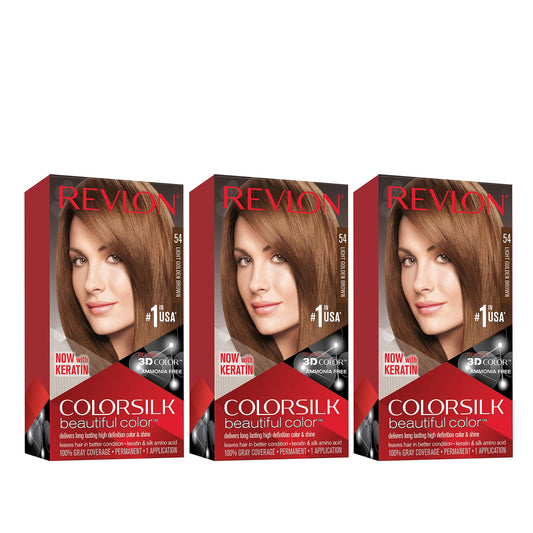 Revlon Colorsilk Beautiful Color, Permanent Hair Dye with Keratin, 100% Gray Coverage, Ammonia Free, 53 Light Golden Brown (Pack of 3)