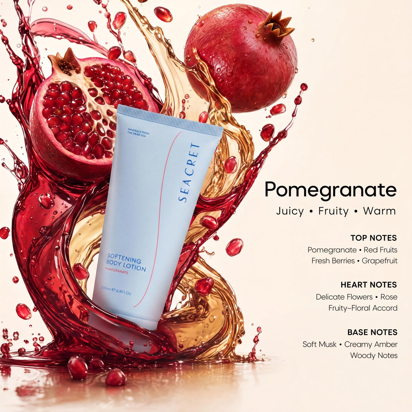 SEACRET Body Lotion for Dry Skin - Daily Moisturizing Lotion with Ceramide, Squalane, Shea Butter & Dead Sea Minerals, Fast-Absorbing Non-Greasy Formula - Pomegranate Scent, 6.8 Fl Oz / 200 ml