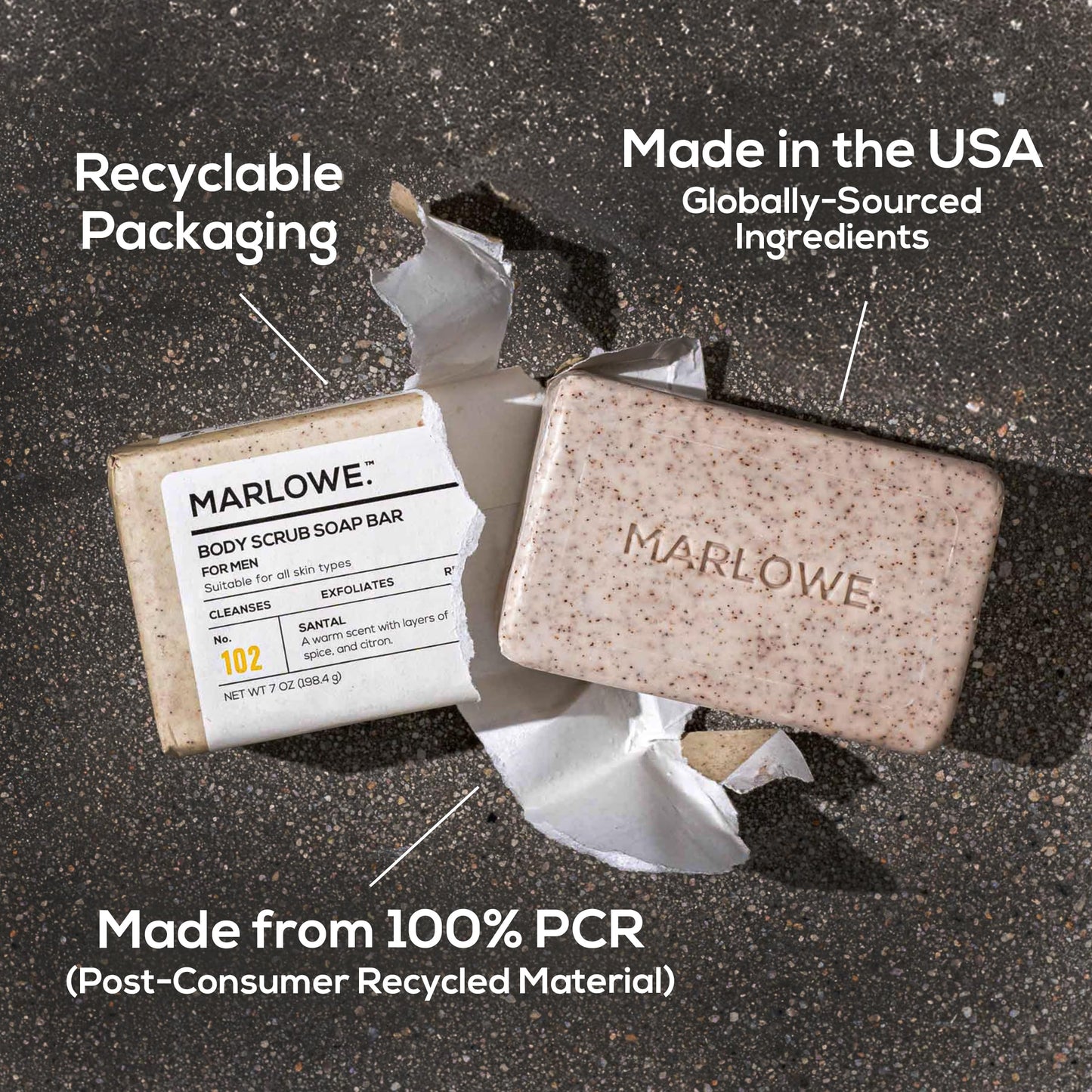 MARLOWE. Body Scrub Soap, Exfoliating Soap Bar, Santal, 7 oz (3 Bars)