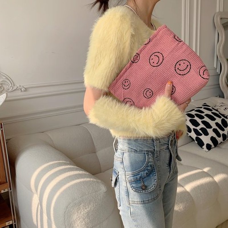 Cosmetic Bags for Women - Corduroy Cosmetic Bag Aesthetic Women Handbags Purses Smile Dots Makeup Organizer Storage Makeup Bag Girls Case Bags (Yellow)