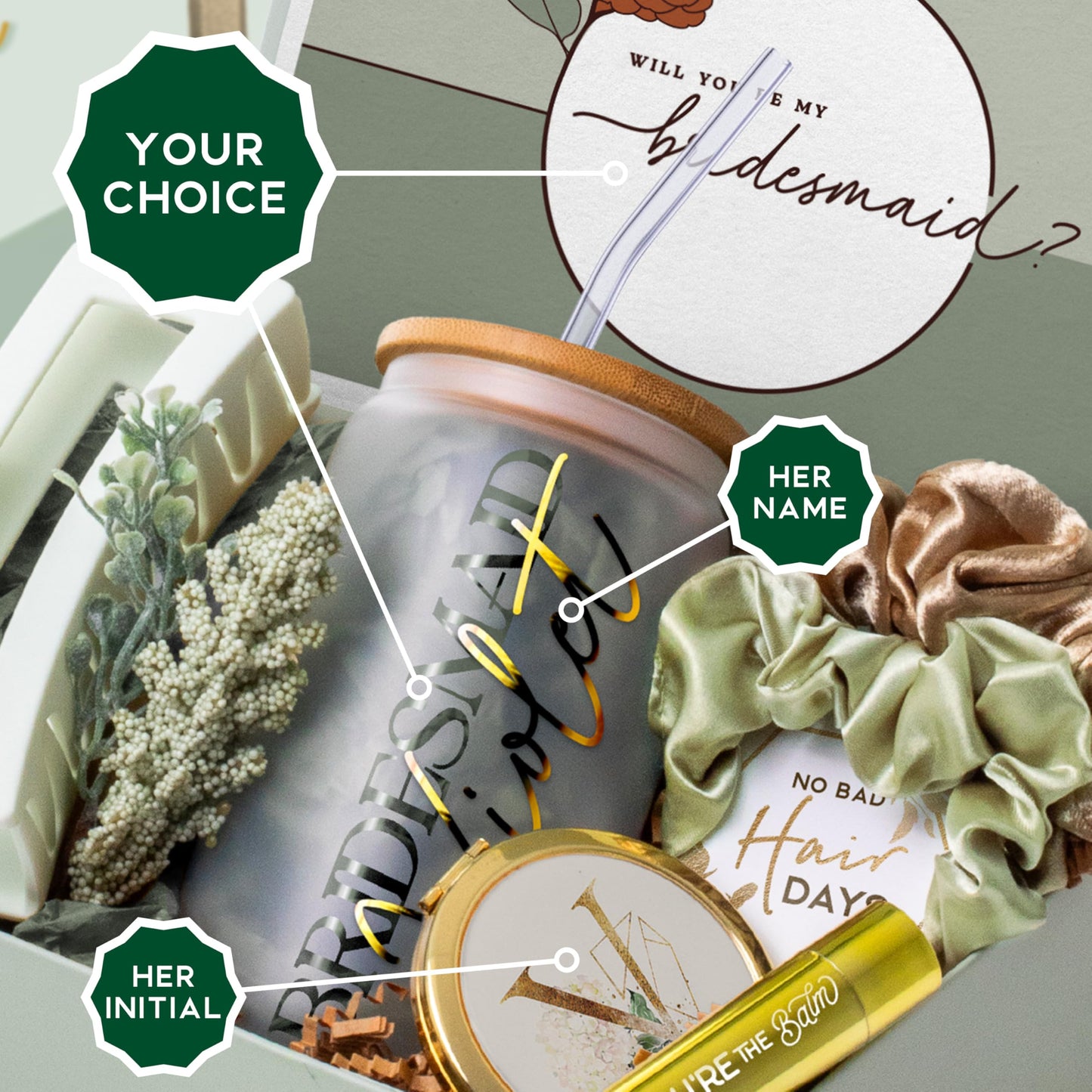 Personalized Will You be My Bridesmaid Gift Box - Will You Be My Maid of Honor Proposal Box, Matron of Honor Proposal or Custom Jr Bridesmaid Gift Set | Sage Green, Engraved Tumbler with Name (BE1)