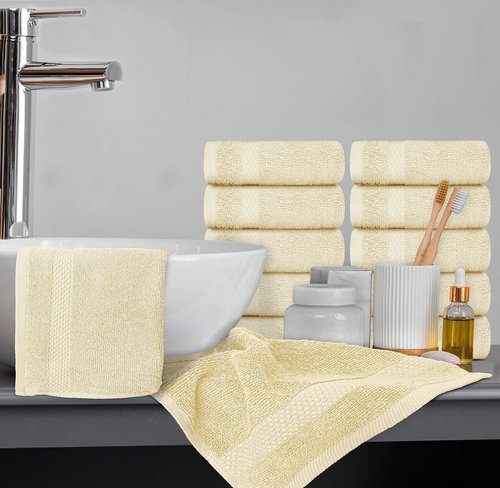 White Classic Luxury Cotton Washcloths - Large Hotel Spa Bathroom Face Towel | 12 Pack | Beige