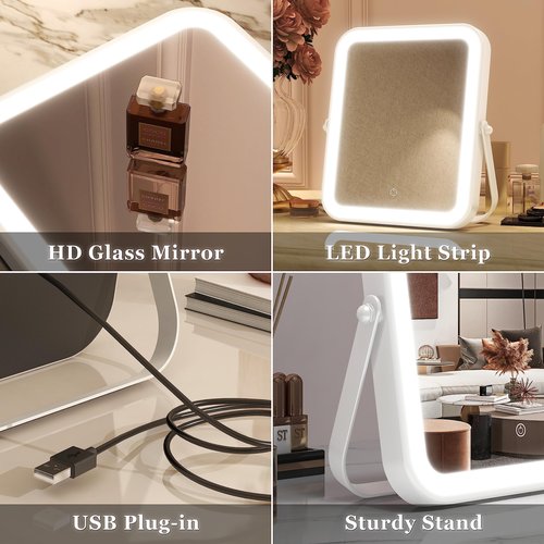 ROLOVE Home Mirror, 10x12 inches Lighted Vanity Makeup Mirror, Dimmable Touch Screen, Tabletop Mount, USB Plug-in, Adjustable, Portable
