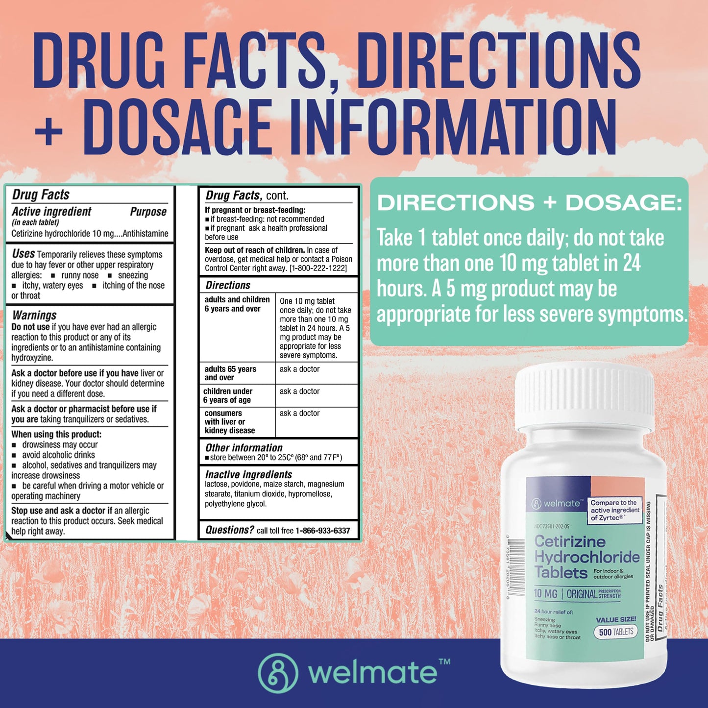 WELMATE - Allergy Relief (500 Tablets) Cetirizine Hydrochloride 10mg - 24 Hours - Non Drowsy - Indoor & Outdoor Allergy Medicine - Antihistamine - Nose, Eyes & Throat - Over-the-Counter Medication