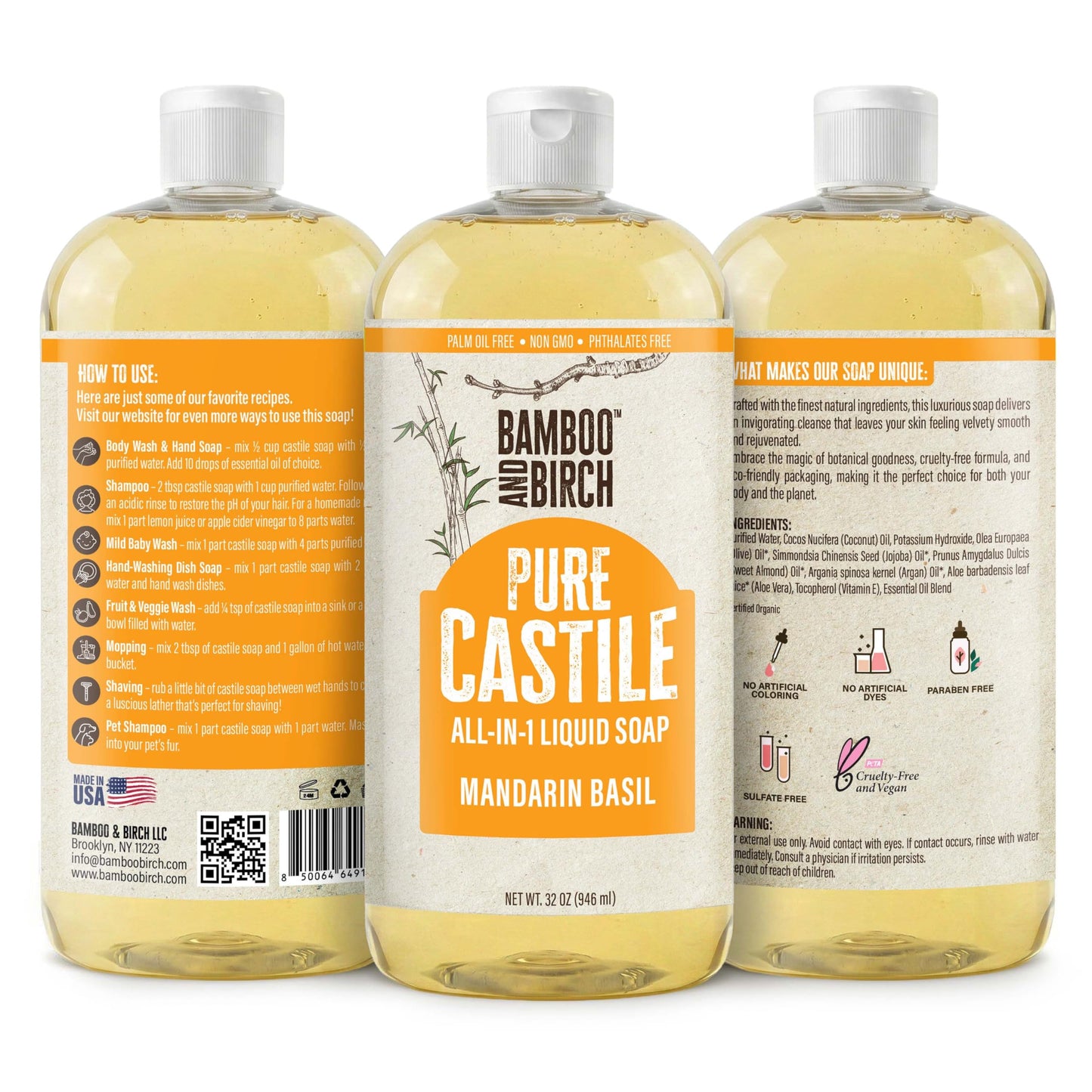 BAMBOO AND BIRCH Pure Castile Soap Liquid, Mandarin Basil, 32 oz