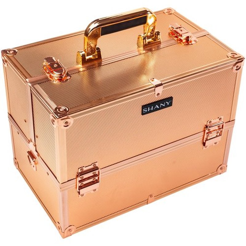 SHANY Essential Pro Makeup Train Case Cosmetic Box Portable Makeup Case Cosmetics Beauty Organizer Jewelry storage with Locks, Multi Compartments Makeup Box and Shoulder Strap - Rose Gold