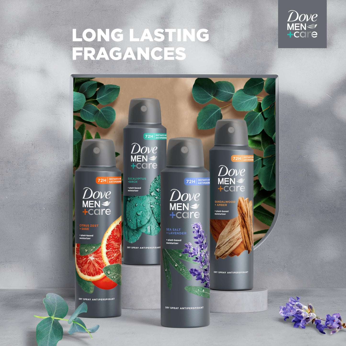 DOVE MEN + CARE Dry Spray Antiperspirant Cedarwood + Tonka 4 Count 72H Protection with a Plant-Based Moisturizer 3.8 oz