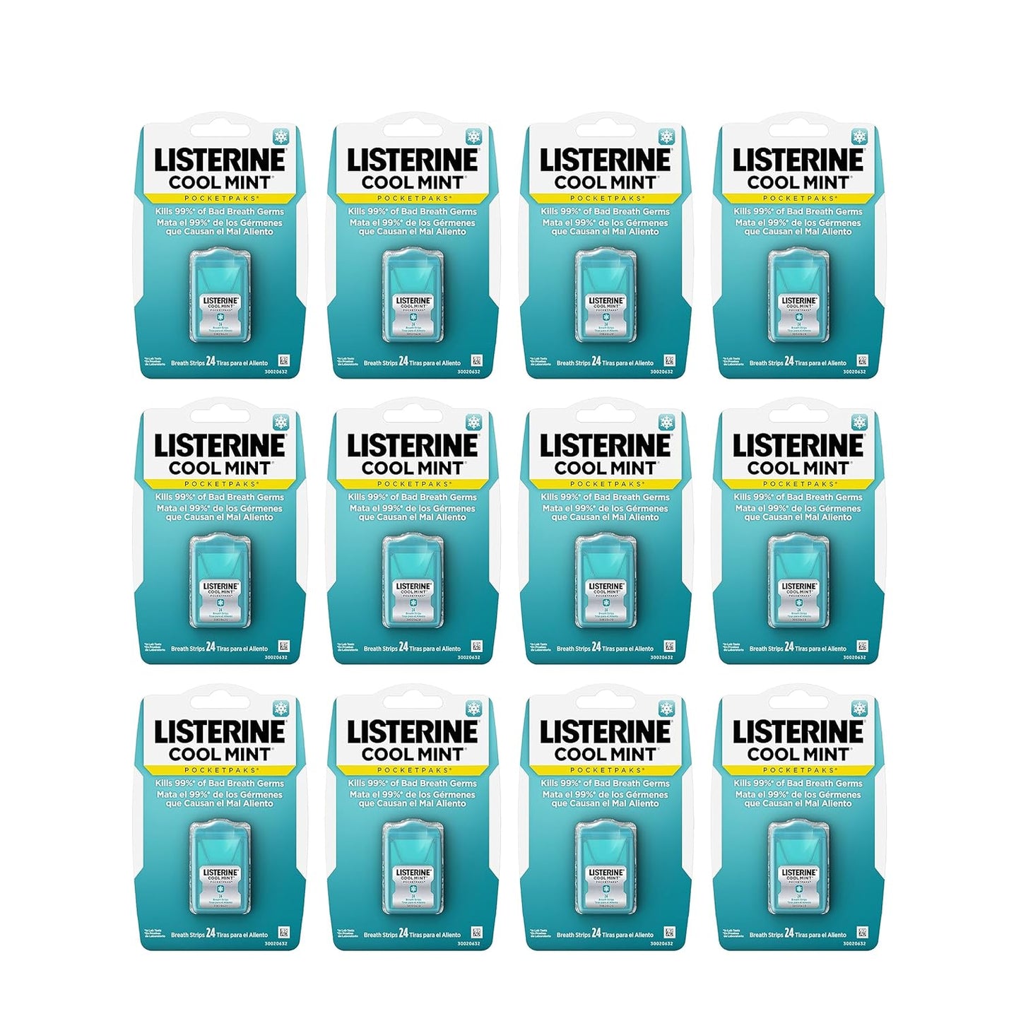 Listerine Cool Mint PocketPaks Portable Breath Strips for Bad Breath, Fresh Breath Strips Dissolve Instantly to Kill 99% of Bad Breath Germs* On-The-Go, Cool Mint, 24-Strip Pack, 12 Pack