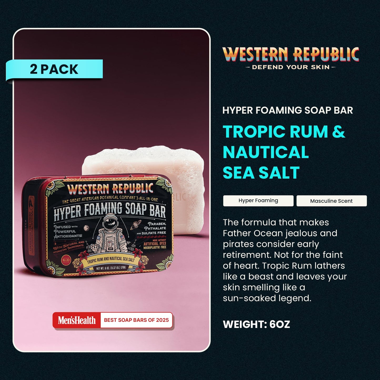 Western Republic - Tropic Rum & Nautical Sea Salt Bath & Body Soap Bar - Hydrating Cleanser with Aloe, Glycerin, Niacinamide - 6oz 2 Pack