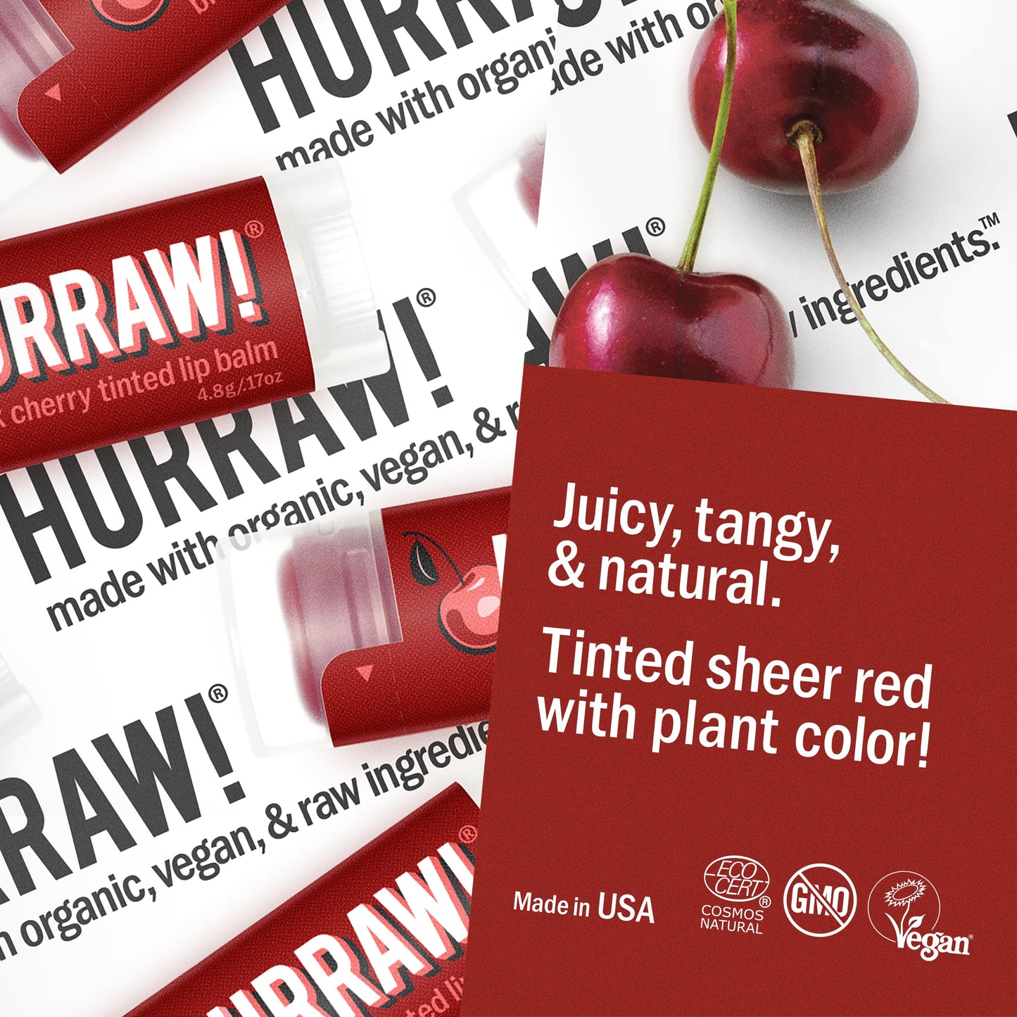 Hurraw! Black Cherry Tinted Lip Balm: (Sheer Red Tint) Organic, Certified Vegan, Cruelty and Gluten Free. Non-GMO, 100% Natural Ingredients. Bee, Shea, Soy and Palm Free. Made in USA