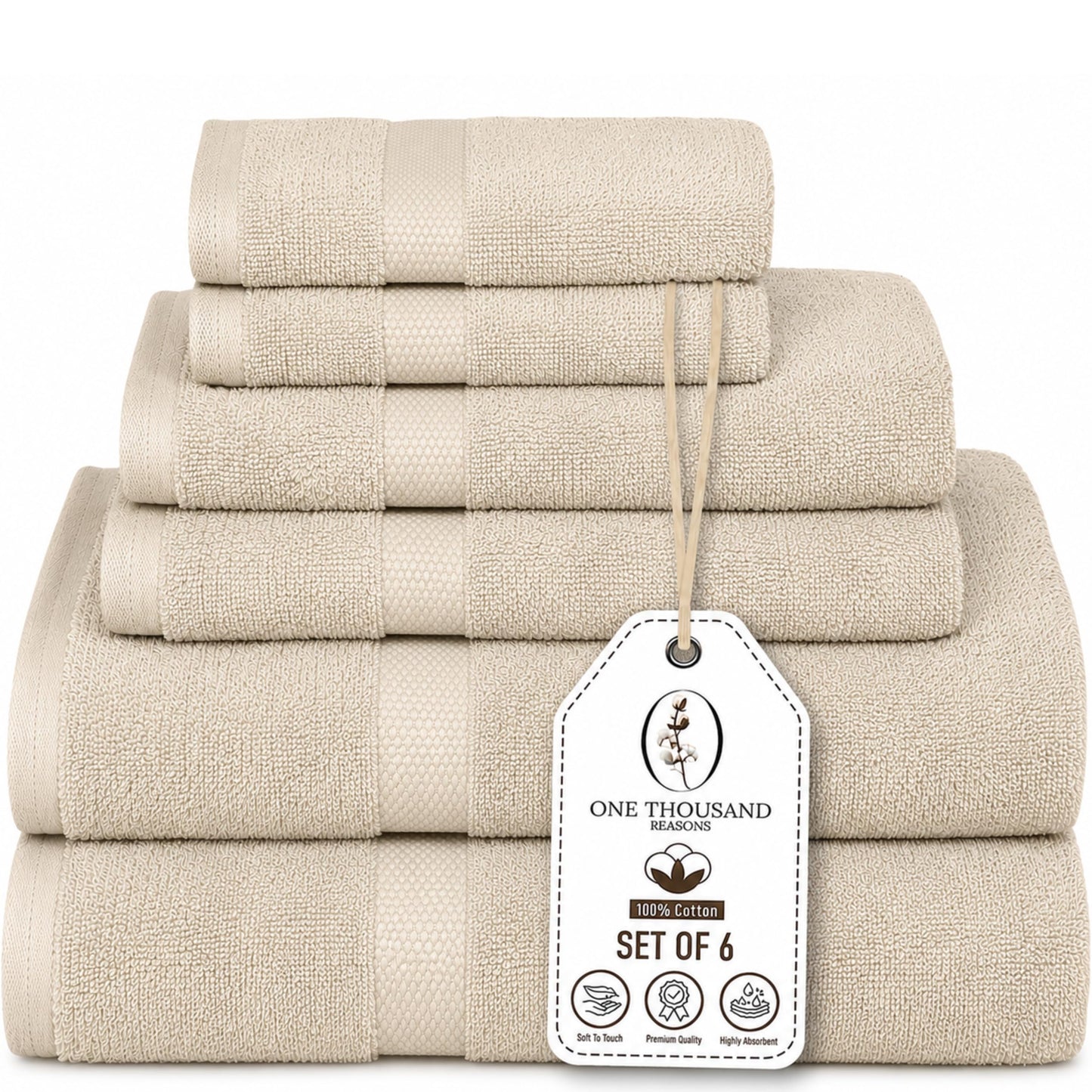Premium Staple Cotton Bathroom Towel Set - Beige 600 GSM 6-Piece Luxury Bath Towel Set 1 Stripe - 2 Bath Towels, 2 Hand Towels & 2 Washclothes Set - High Absorbent & Quick Dry for Gym, Spa, Hotel