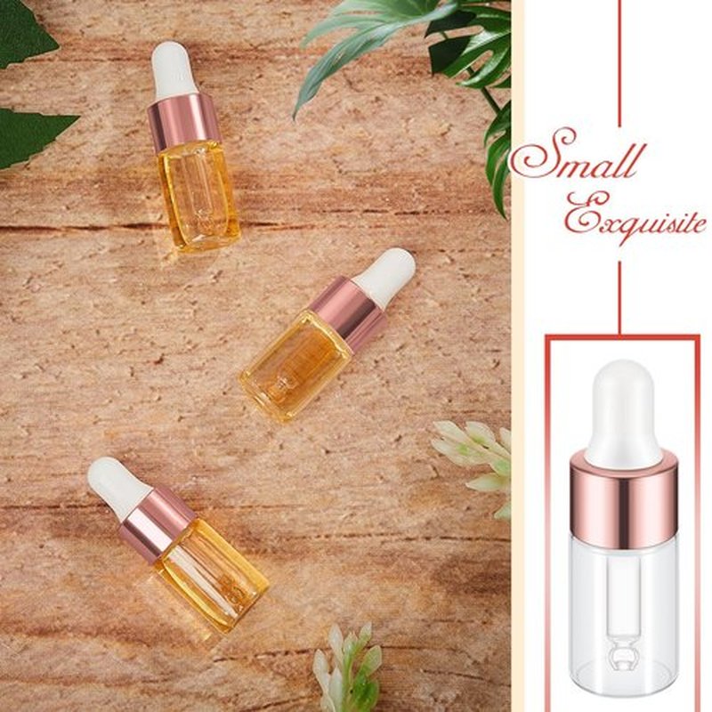 Didaey 100 Pcs Mini Glass Dropper Bottle Bulk, 3 ml Rose Gold Clear Essential Oil Dropper Bottles Small Tincture Empty Bottles Sample Containers Perfume Liquid Vials with Cap for Traveling