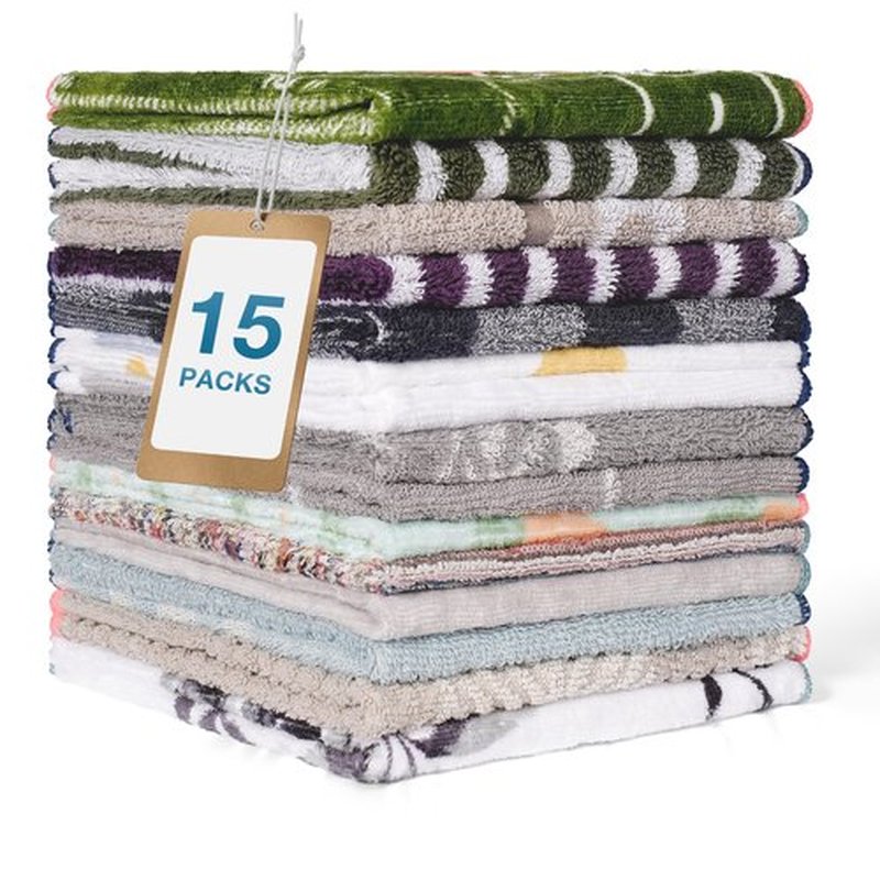 SUMSOFT Cotton Washcloths Face Towel Set 15 Pack Random Colors & Patterns 12x12 inchs Soft Wash Cloths for Body, All-Purpose for Hotel, Spa, & Kitchen