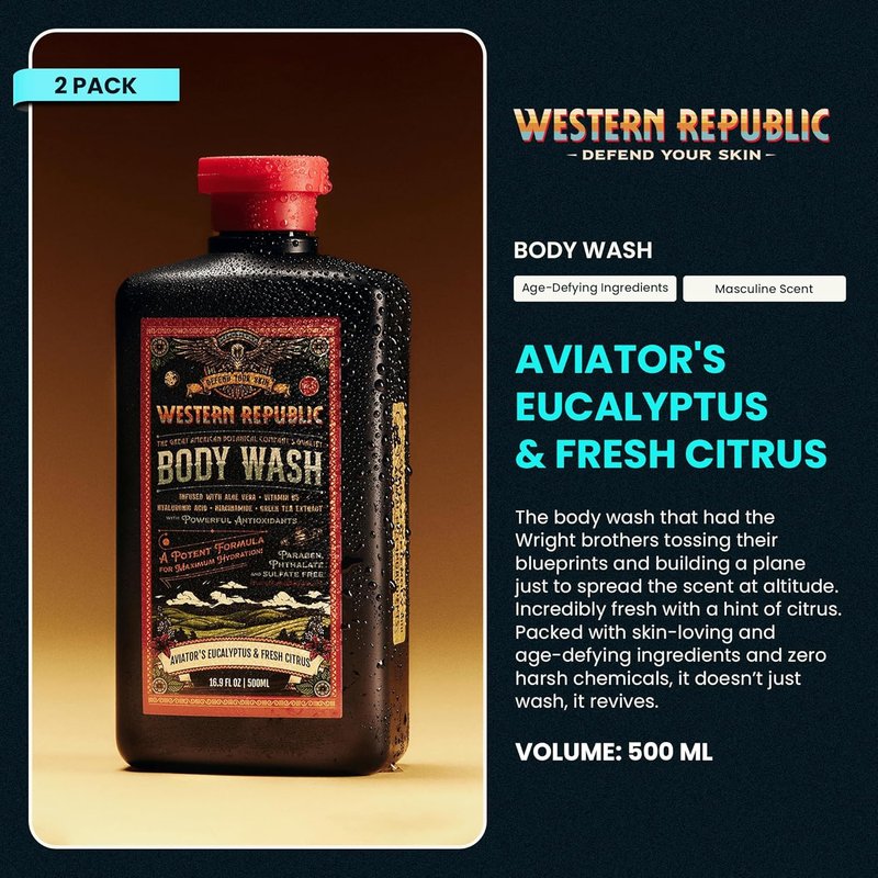 Aviator’s Eucalyptus & Fresh Citrus Body Wash | Hydrating Shower Gel with Aloe & Shea Butter - 500ml 2 Pack
