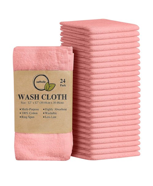 Softolle 100% Cotton Ring Spun Wash Cloths – Bulk Pack of Washcloths – 12x12 Inches – Wash Cloth for Face, Highly Absorbent, Soft and Face Towels (Pink, 24 Pack)
