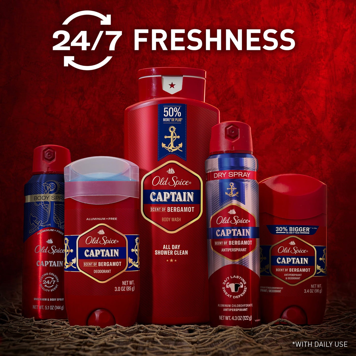 Old Spice Refreshing Body Wash for Men, 3X Defense, 24/7 Shower Fresh with Long Lasting Scent, Red Collection, Captain with Bergamot Scent, 33.4 oz,(Pack of 2)