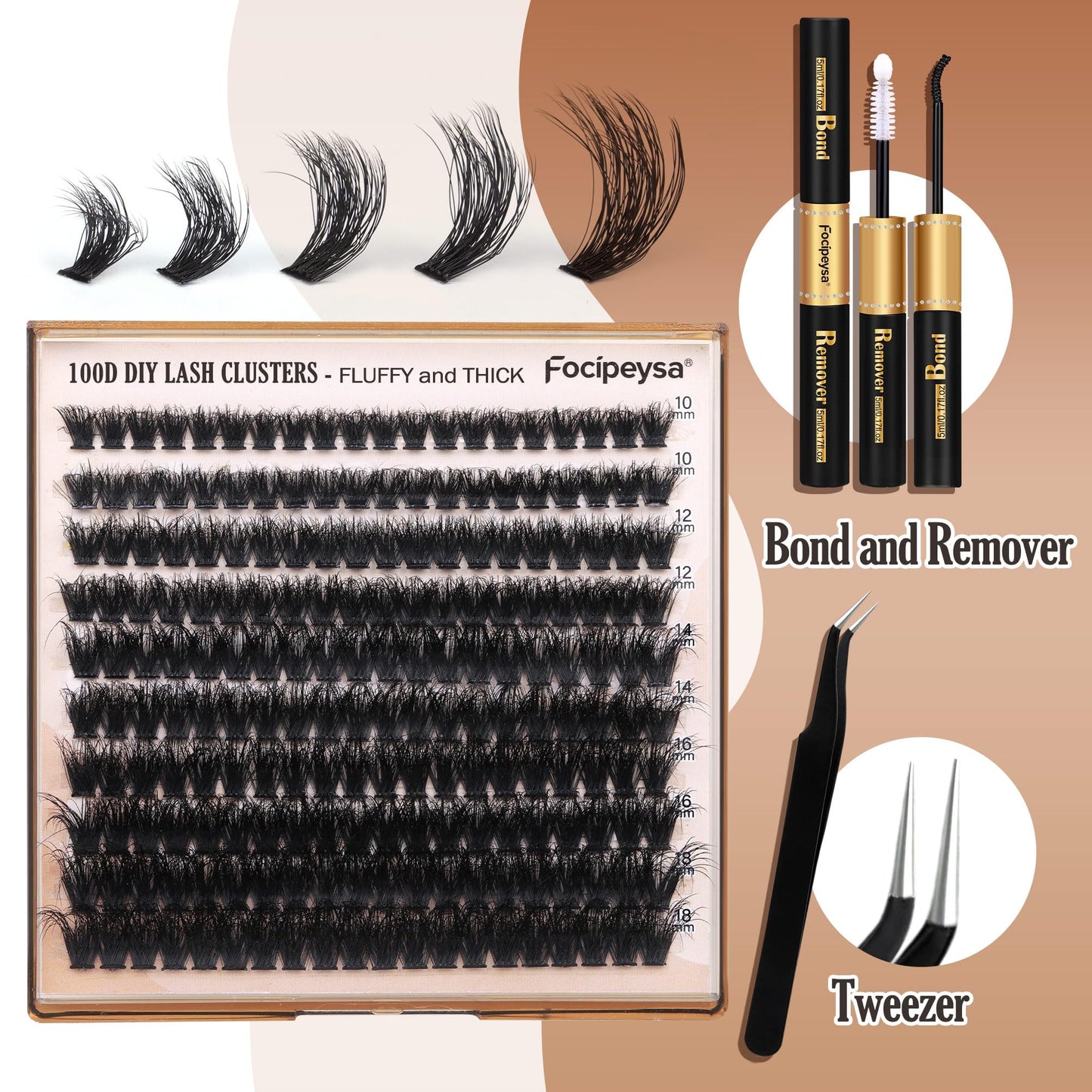Fluffy Eyelash Extension Kit Volume Lash Clusters Kit 10-18mm Individual Lashes Clusters 100D DIY Lash Extension Kit 200pcs Clusters Lash with Bond and Remover Lash Applicator by Focipeysa
