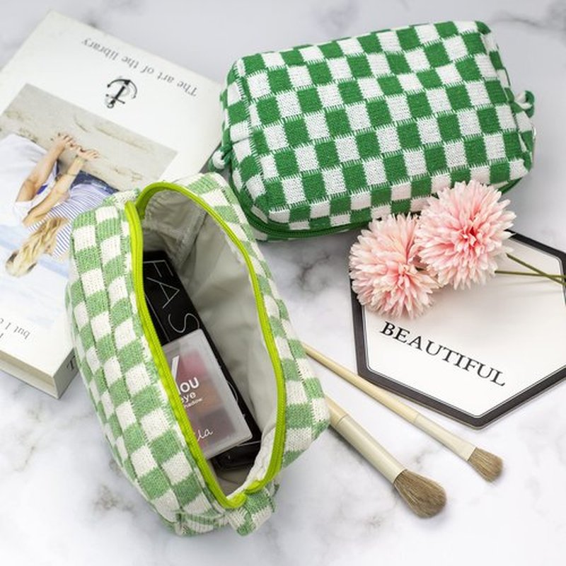 PAZIMIIK Checkered Makeup Bag for Purse Portable Zipper Make Up Pouch Small Cosmetic Case for Travel Accessories (2PCS Light Green)