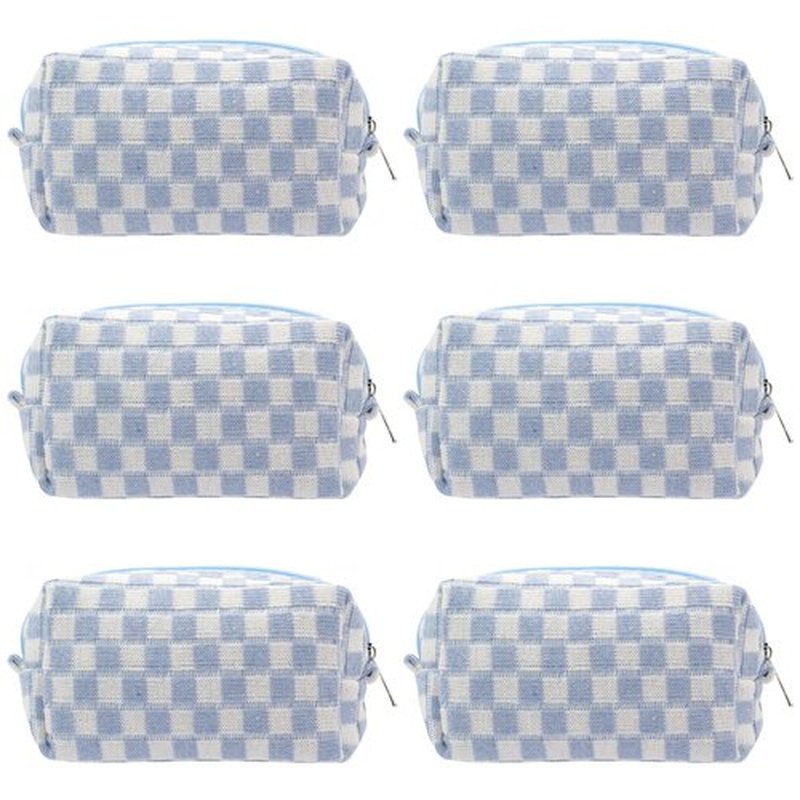 PAZIMIIK Checkered Makeup Bag for Purse Portable Zipper Make Up Pouch Small Cosmetic Case for Travel Accessories (6PCS Blue)