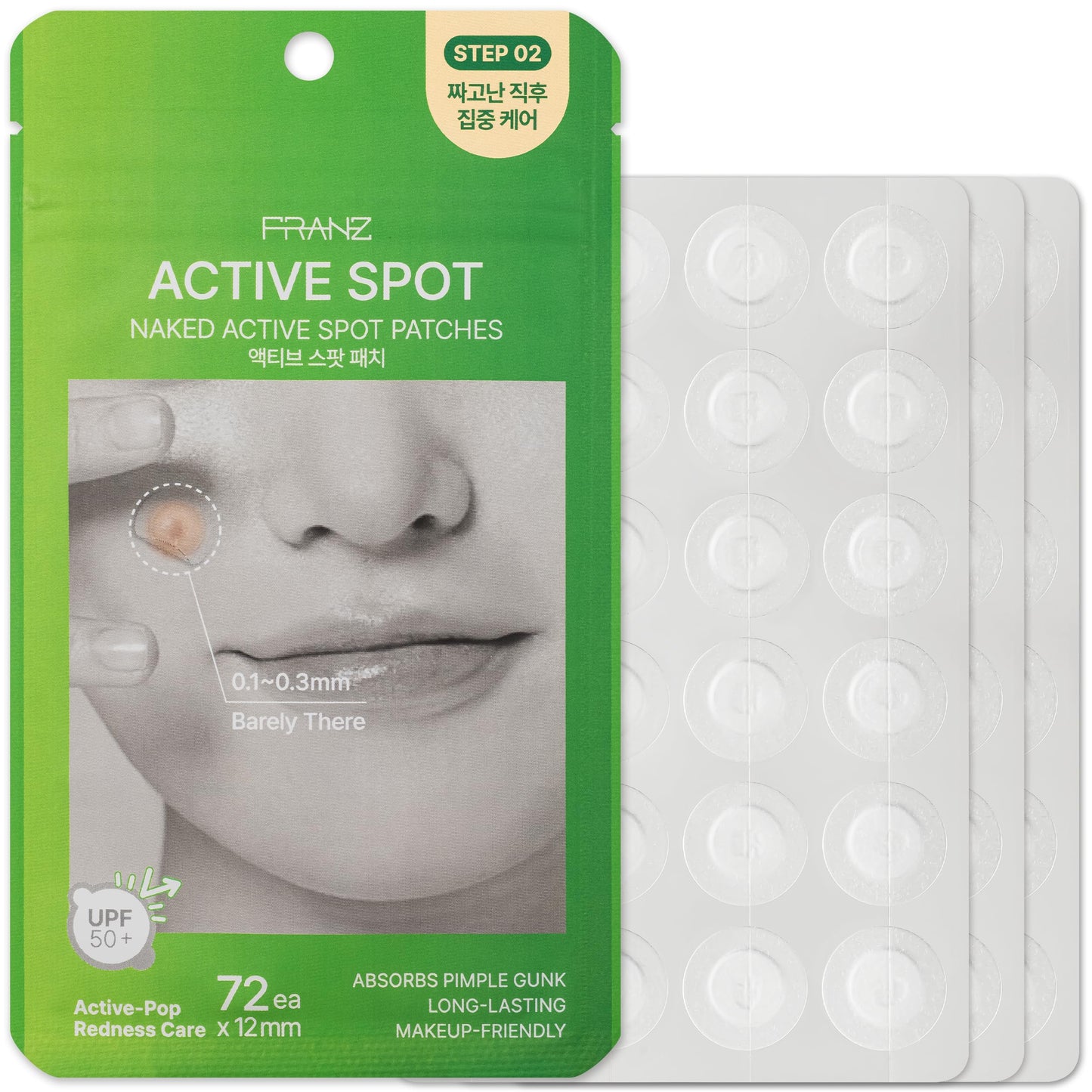 FRANZ Naked Active Spot Patches (72 Count) | Hydrocolloid Pimple Treatment Patch | UPF 50+ Powerful Sun Shield Cover | Gentle on Sensitive Skin