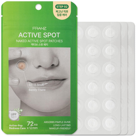 FRANZ Naked Active Spot Patches (72 Count) | Hydrocolloid Pimple Treatment Patch | UPF 50+ Powerful Sun Shield Cover | Gentle on Sensitive Skin