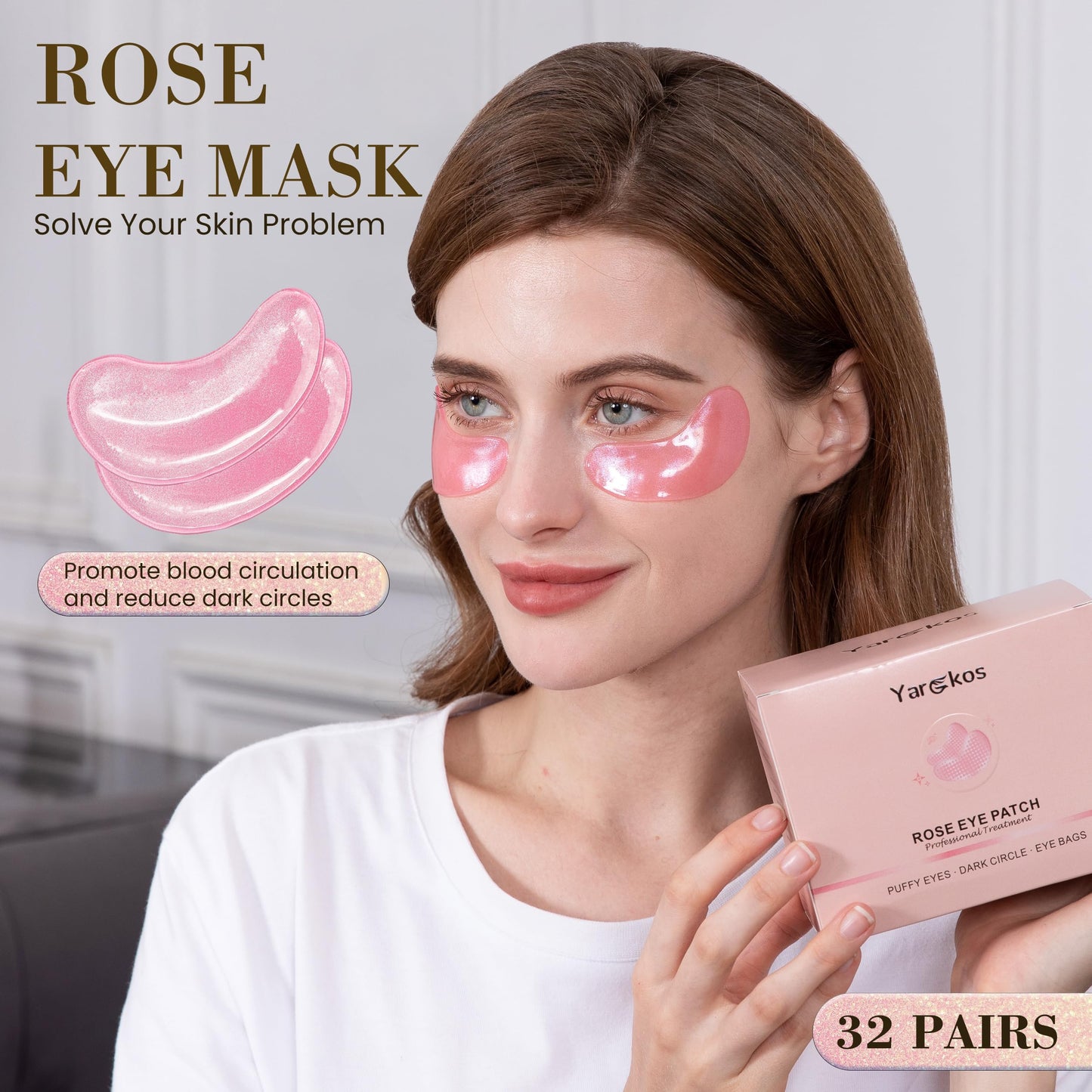 Yargkos 32 Pairs Pink Under Eye Patches, Rose Cooling Hydrating Eye Mask for Dark Circles Puffiness Puffy Eyes, Anti Wrinkle Collagen Undereye Pad, 32 Sets Women Travel Beauty Skincare Face Gel