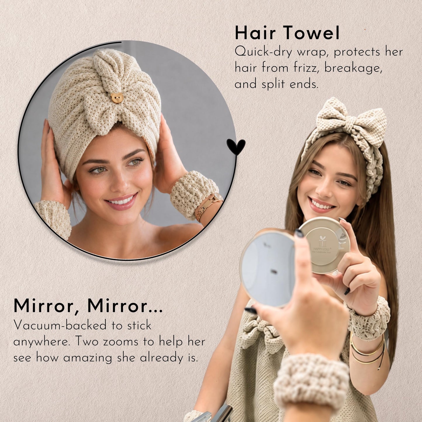 HAPPY LOLLI Power Shower Gift Set for Teen & College Girls, Birthday Gift, Self Care College Essentials Bath Accessories with Towels, Headband, Wristbands & Face Sponge (Fresh in Beige)