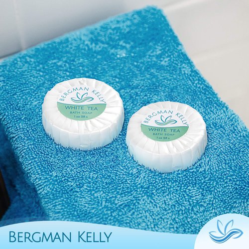 BERGMAN KELLY - Hotel Soap Bars - White Tea, 1 oz, 200 PK - Travel Size Luxury Bulk Amenities Bar Soap, Mini Individually Wrapped Round Soap - Small Toiletries for Airbnb, Motel, Guest Bathroom