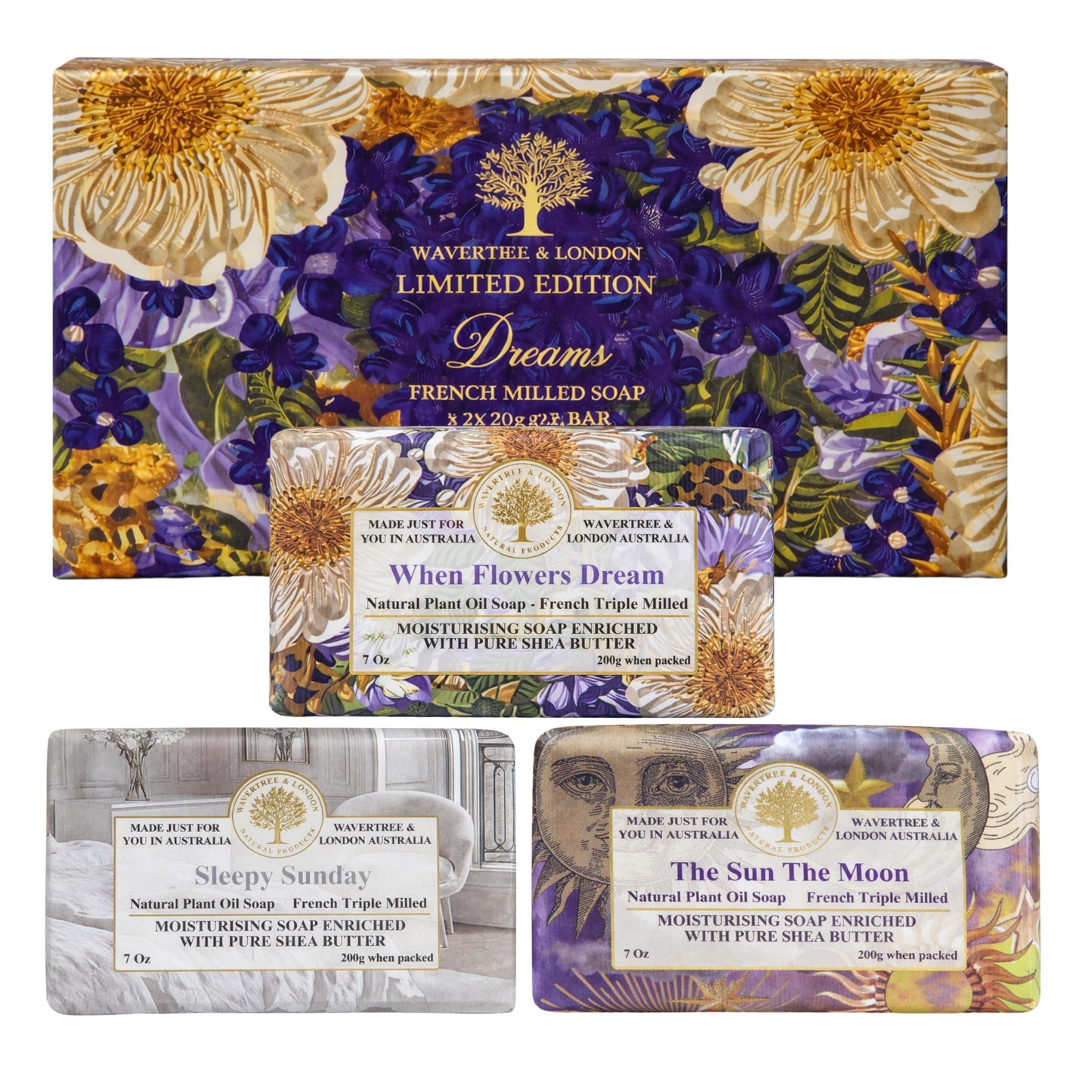 Wavertree & London Dreams Bar Soap Gift Set, 3 Pack Australian Triple Milled Natural Bar Soap with Organic Shea Butter & Essential Oils, Moisturizing Plant-Based Bath & Body Soap Bars for Women & Men