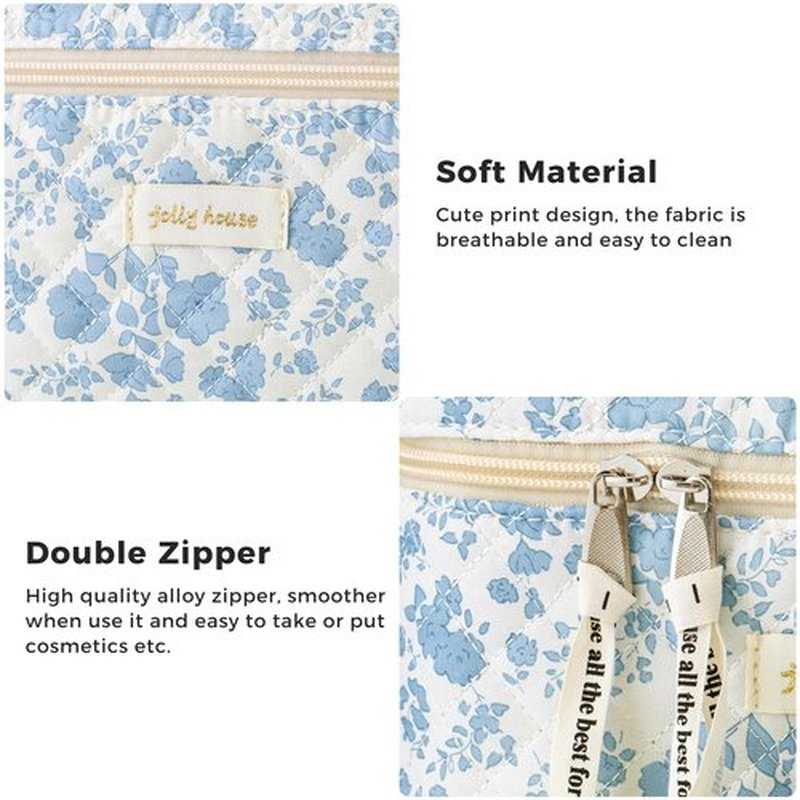HBselect Quilted Makeup Bag, 3PCS Cotton Large Travel Makeup Bag, Cute Floral Coquette Make up Bag Cosmetic Bag Toiletry Bag for Women Girls